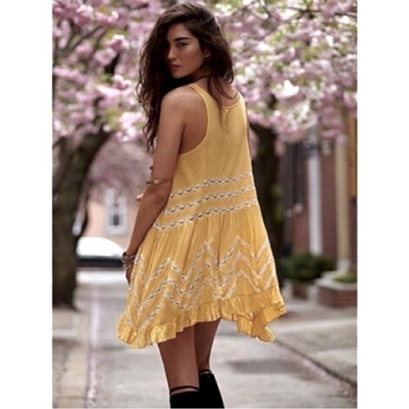 Free People Voile Trapeze Slip Mini Dress Lace Polka Dot Bright Yellow